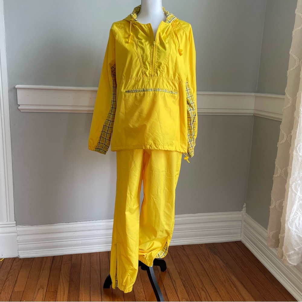 Vintage Actra Yellow Wind Suit Set Small Pullover Jacket & Pants 90s Plaid